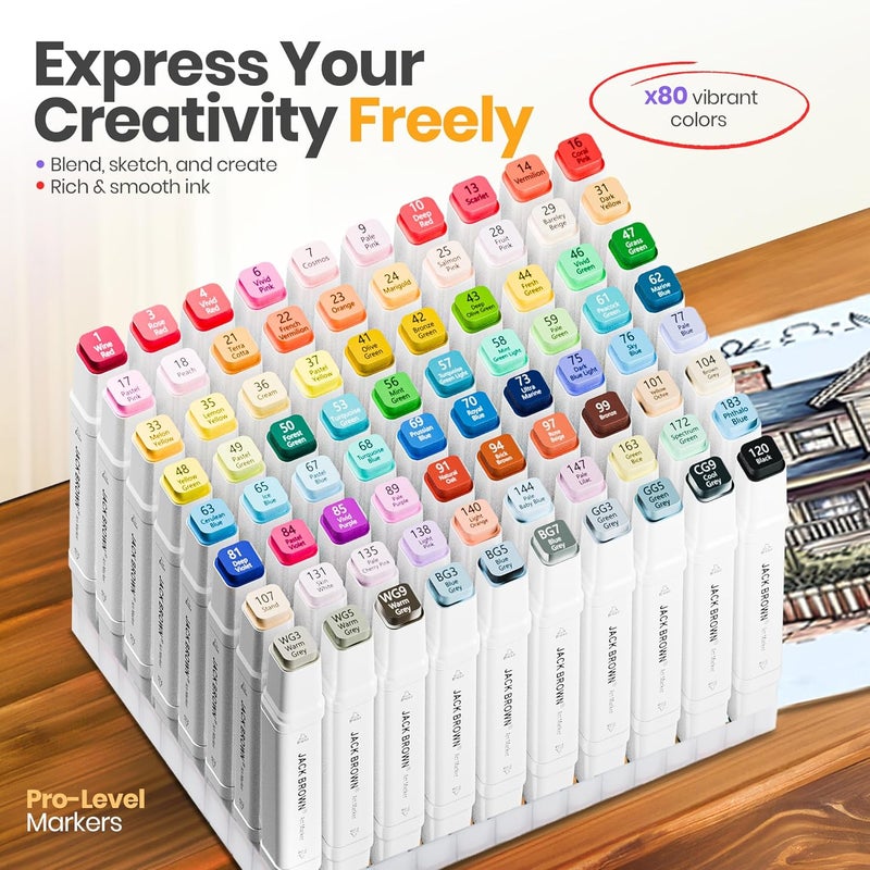 JACK BROWN 80 Colors Alcohol Markers Set with Fine & Chisel Dual Tip - Professional Art Markers for Adults & Kids, Perfect for Drawing, Sketching, Coloring & Animation - Includes Durable Marker Case - Image 5